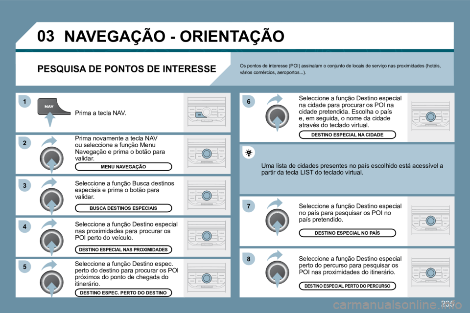 PEUGEOT 207 2009  Manual de utilização (in Portuguese) 235
�0�3
�8
�6 
�7
�4
�3
�5
�2
1
� �N�A�V�E�G�A�Ç�Ã�O� �-� �O�R�I�E�N�T�A�Ç�Ã�O� 
� � �P�E�S�Q�U�I�S�A� �D�E� �P�O�N�T�O�S� �D�E� �I�N�T�E�R�E�S�S�E� 
� �P�r�i�m�a� �a� �t�e�c�l�a� �N�A�V�.� 
� �P