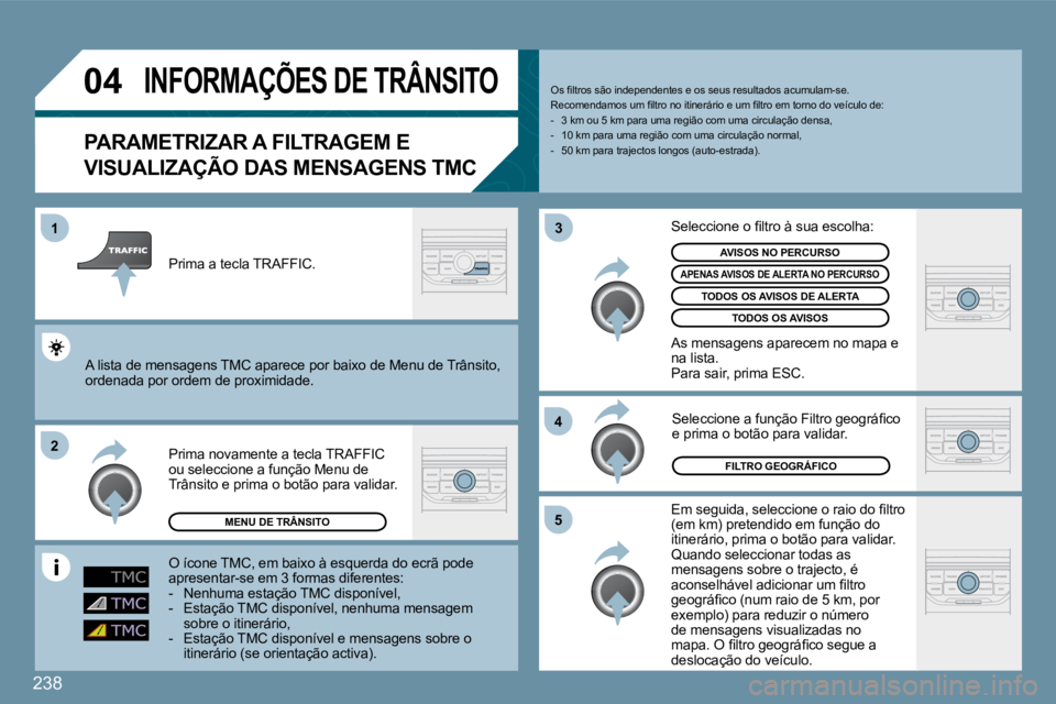 PEUGEOT 207 2009  Manual de utilização (in Portuguese) 238
�0�4
�2
1
�3
�4
�5
INFORMAÇÕES DE TRÂNSITO
� � �P�A�R�A�M�E�T�R�I�Z�A�R� �A� �F�I�L�T�R�A�G�E�M� �E� 
�V�I�S�U�A�L�I�Z�A�Ç�Ã�O� �D�A�S� �M�E�N�S�A�G�E�N�S� �T�M�C� 
� �E�m� �s�e�g�u�i�d�a�,� 