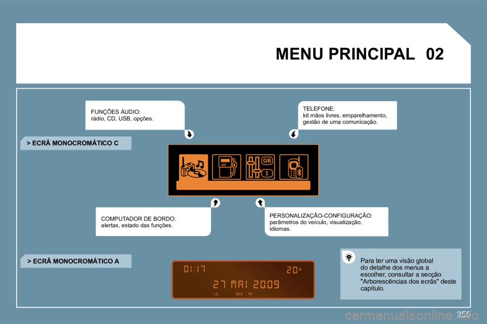 PEUGEOT 207 2009  Manual de utilização (in Portuguese) 255
�0�2MENU PRINCIPAL  
� �F�U�N�Ç�Õ�E�S� �Á�U�D�I�O�:� rádio, CD, USB, opções. 
 COMPUTADOR DE BORDO: alertas, estado das funções.  
� �T�E�L�E�F�O�N�E�:� kit mãos livres, emparelhamento, g