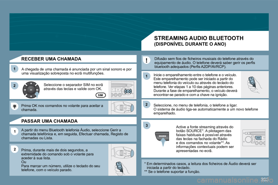 PEUGEOT 207 2009  Manual de utilização (in Portuguese) 263
11
�2�2
11
11
�2�2
�3�3
�2�2
SIM
  RECEBER UMA CHAMADA 
 A chegada de uma chamada é anunciada por um sinal sonoro e por uma visualização sobreposta no ecrã multifunções.  Inicie o emparelham