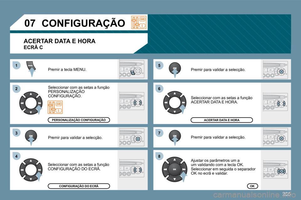 PEUGEOT 207 2009  Manual de utilização (in Portuguese) 265
11
�2�2
�3�3
�4�4
�5�5
�6�6
�7�7
�8�8
�0�7CONFIGURAÇÃO 
� �P�r�e�m�i�r� �a� �t�e�c�l�a� �M�E�N�U�.� 
 Seleccionar com as setas a função �P�E�R�S�O�N�A�L�I�Z�A�Ç�Ã�O�  Seleccionar com as seom