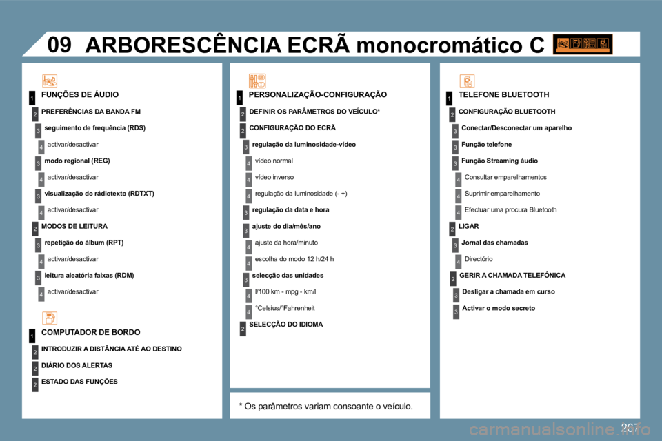 PEUGEOT 207 2009  Manual de utilização (in Portuguese) 267
11
2
3
4
3
4
3
2
3
4
3
4
2
3
4
2
4
4
3
3
4
4
1
2
2
1
2
3
3
3
4
4
4
2
3
4
2
3
3
2
2
�0�9
4
3
4
4
� �A�R�B�O�R�E�S�C�Ê�N�C�I�A� �E�C�R�Ã� �m�o�n�o�c�r�o�m�á�t�i�c�o� �C� � � 
� � �*� � � �O�s� �p