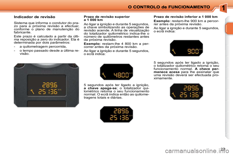 PEUGEOT 207 2009  Manual de utilização (in Portuguese) 27
          Indicador de revisão  
 Sistema que informa o condutor do pra- 
zo  para  a  próxima  revisão  a  efectuar, 
conforme  o  plano  de  manutenção  do 
fabricante.  
 Este  prazo  é  c