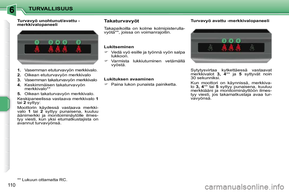 PEUGEOT 207 2009  Omistajan Käsikirja (in Finnish) TURVALLISUUS
110
   
1.    Vasemman etuturvavyön merkkivalo. 
  
2.    Oikean etuturvavyön merkkivalo 
  
3.    Vasemman takaturvavyön merkkivalo 
  
4.    Keskimmäisen takaturvavyön 
merkkivalo 