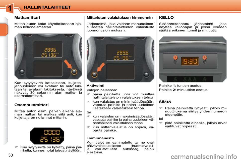 PEUGEOT 207 2009  Omistajan Käsikirja (in Finnish) 30
             Matkamittari  
 Mittaa  auton  koko  käyttöaikanaan  aja- 
man kokonaismatkan.           Mittariston valaistuksen himmennin 
 Järjestelmä, jolla voidaan manuaalises-
ti  säätää