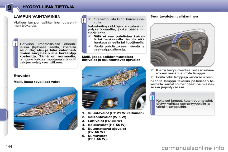 PEUGEOT 207 2009  Omistajan Käsikirja (in Finnish) !
i
i
144
LAMPUN VAIHTAMINEN 
 Viallisen lampun vaihtaminen uuteen il- 
man työkaluja.    
1.     Suuntavalot (PY 21 W keltainen)   
  
2.     Seisontavalot (W 5 W)   
  
3.     Lähivalot (H7-55 W) 