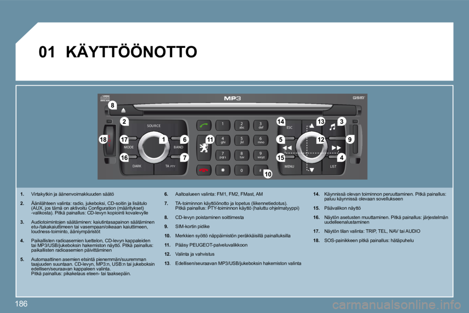 PEUGEOT 207 2009  Omistajan Käsikirja (in Finnish) 186
S
O S
SOU R CE
MODE B AND ESC
2
abc
5
jkl
8
tuv 3
def
6
mno
9
wxyz
1 4
ghi
7
pqr s
0 # MENU LIST
TA 
P T Y
DARK
�2
�8
�1�6
�1�8 �1�7
�711 �1�4 �3
�5 �9 �4
�1�5 �1�2
�1�3
�61
10
01
 KÄYTTÖÖNOTTO