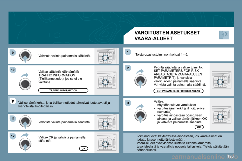 PEUGEOT 207 2009  Omistajan Käsikirja (in Finnish) 193
�9�9
1010
1111
�1�2�1�2
�2�2
11
�3�3
 Valitse säädintä kääntämällä TRAFFIC INFORMATION (Tieliikennetiedot), jos se ei ole valittuna. 
 Vahvista valinta painamalla säädintä. 
 Valitse OK