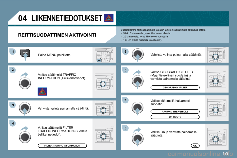 PEUGEOT 207 2009  Omistajan Käsikirja (in Finnish) 199
11
�2�2
�3�3
�4�4
�5�5
�6�6
�7�7
�8�8
�0�4
  REITTISUODATTIMEN AKTIVOINTI 
 Suosittelemme reittisuodattimelle ja auton lähistön suodattimelle seuraavia säteitä:    -   5 tai 10 km alueella, jo