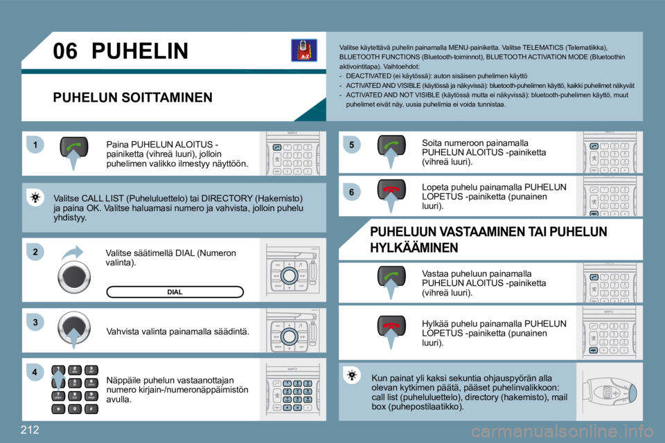 PEUGEOT 207 2009  Omistajan Käsikirja (in Finnish) 212
11
�2�2
�3�3
�4�4
�5�5
�6�6
�0�6 PUHELIN 
  PUHELUN SOITTAMINEN 
 Valitse CALL LIST (Puheluluettelo) tai DIRECTORY (Hakemisto) ja paina OK. Valitse haluamasi numero ja vahvista, jolloin puhelu yhd