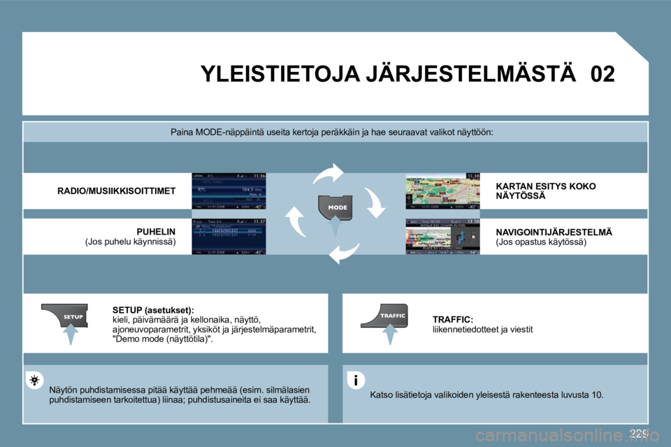 PEUGEOT 207 2009  Omistajan Käsikirja (in Finnish) 229
�0�2       YLEISTIETOJA JÄRJESTELMÄSTÄ 
 Katso lisätietoja valikoiden yleisestä rakenteesta luvusta 10.  
  Paina MODE-näppäintä useita kertoja peräkkäin ja  hae seuraavat valikot näytt
