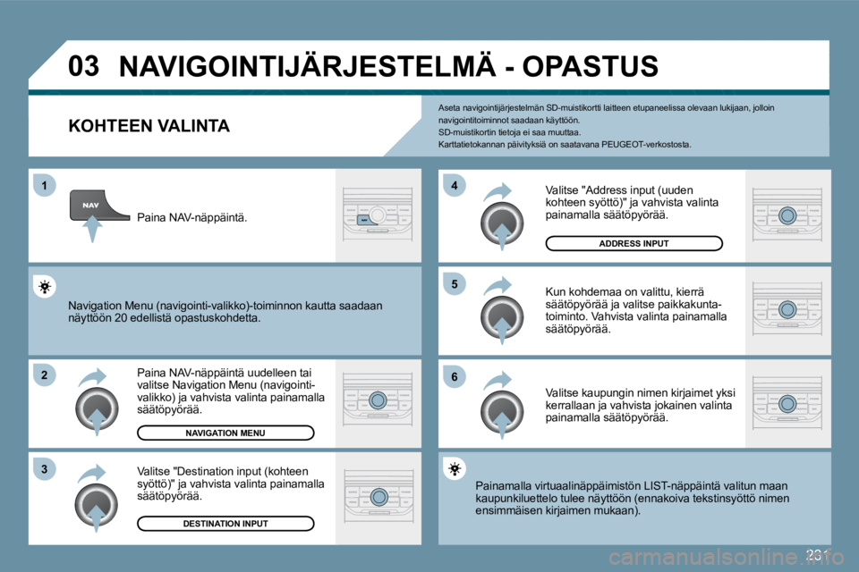 PEUGEOT 207 2009  Omistajan Käsikirja (in Finnish) 231
�0�3
1
�2
�3
�5 
�6
�4
           NAVIGOINTIJÄRJESTELMÄ - OPASTUS 
  KOHTEEN VALINTA 
 Paina NAV-näppäintä uudelleen tai �v�a�l�i�t�s�e� �N�a�v�i�g�a�t�i�o�n� �M�e�n�u� �(�n�a�v�i�g�o�i�n�t�i