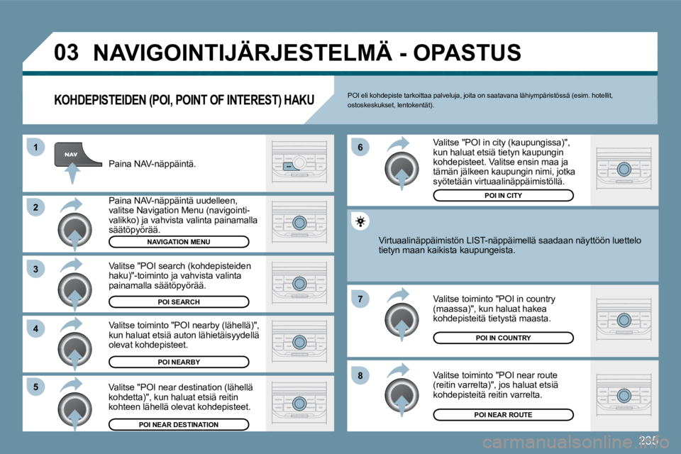 PEUGEOT 207 2009  Omistajan Käsikirja (in Finnish) 235
�0�3
�8
�6 
�7
�4
�3
�5
�2
1
 NAVIGOINTIJÄRJESTELMÄ - OPASTUS 
� � �K�O�H�D�E�P�I�S�T�E�I�D�E�N� �(�P�O�I�,� �P�O�I�N�T� �O�F� �I�N�T�E�R�E�S�T�)� �H�A�K�U� 
 Paina NAV-näppäintä. 
 Paina NAV