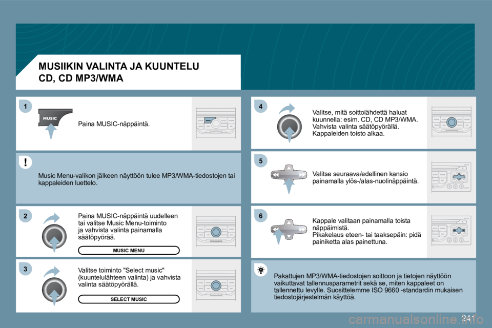PEUGEOT 207 2009  Omistajan Käsikirja (in Finnish) 241
�6
�4 
�5
�3
�2
1
          MUSIIKIN VALINTA JA KUUNTELU  
�C�D�,� �C�D� �M�P�3�/�W�M�A� 
 Pakattujen MP3/WMA-tiedostojen soittoon ja tietoje
n näjen näyttöön vaikuttavat tallennusparametrit s