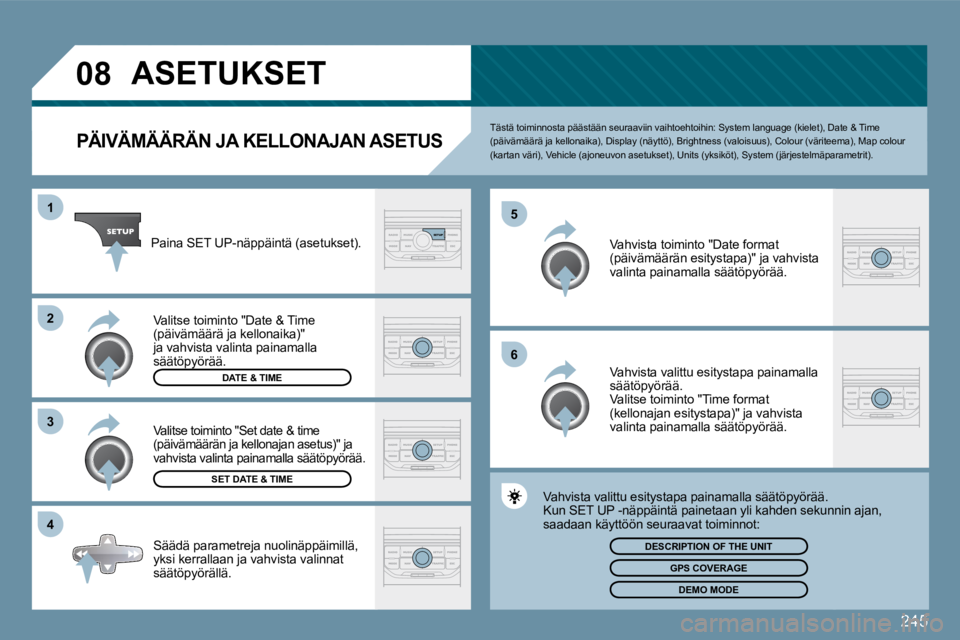 PEUGEOT 207 2009  Omistajan Käsikirja (in Finnish) 245
�0�8
�4
�3
�2
1
�6
�5
           ASETUKSET 
  PÄIVÄMÄÄRÄN JA KELLONAJAN ASETUS 
� �T�ä�s�t�ä� �t�o�i�m�i�n�n�o�s�t�a� �p�ä�ä�s�t�ä�ä�n� �s�e�u�r�a�a�v�i�i�n� �v�a�i�h�t�o�e�h�t�o�i�h
�i