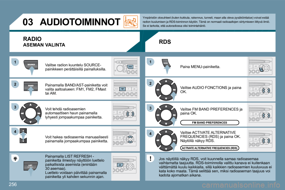 PEUGEOT 207 2009  Omistajan Käsikirja (in Finnish) 256
�2�2
�3�3
�4�4
11
�2�2
�4�4
�3�3
11
�0�3     AUDIOTOIMINNOT 
 Valitse radion kuuntelu SOURCE-painikkeen perättäisillä painalluksilla. 
 Painamalla BAND/AST-painiketta voit valita aaltoalueen: F