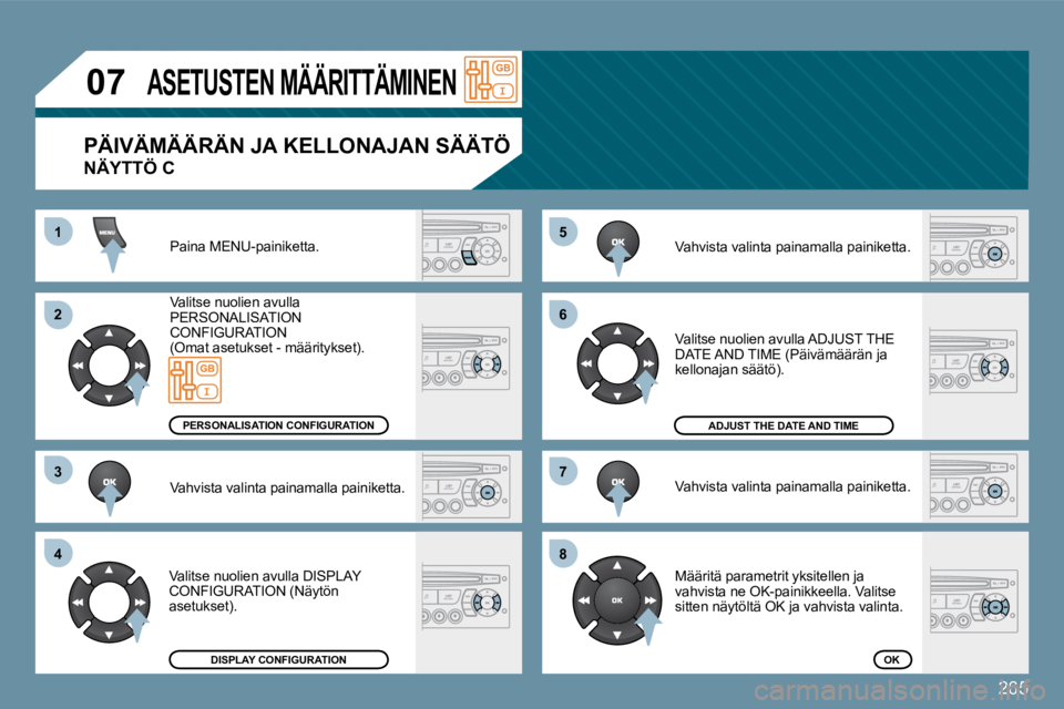 PEUGEOT 207 2009  Omistajan Käsikirja (in Finnish) 265
11
�2�2
�3�3
�4�4
�0�7
�5�5
�6�6
�7�7
�8�8
       ASETUSTEN MÄÄRITTÄMINEN 
 Paina MENU-painiketta. 
 Valitse nuolien avulla PERSONALISATION   CONFIGURATION (Omat asetukset - määritykset). 
 V
