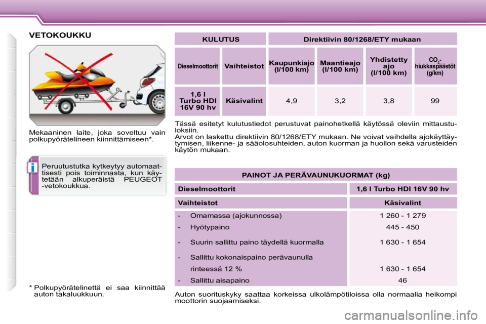 PEUGEOT 207 2009  Omistajan Käsikirja (in Finnish) i
     VETOKOUKKU 
  Mekaaninen  laite,  joka  soveltuu  vain  
polkupyörätelineen kiinnittämiseen *.     
KULUTUS         Direktiivin 80/1268/ETY mukaan    
  
Dieselmoottorit      
Vaihteistot   