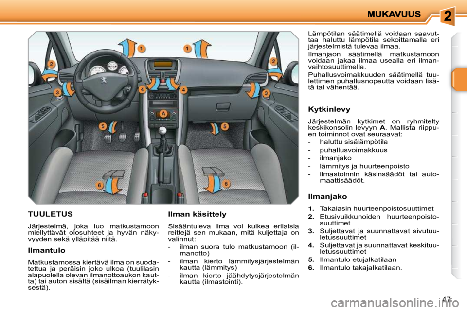 PEUGEOT 207 2009  Omistajan Käsikirja (in Finnish) 47
       TUULETUS 
 Järjestelmä,  joka  luo  matkustamoon  
miellyttävät  olosuhteet  ja  hyvän  näky-
vyyden sekä ylläpitää niitä.   Ilman käsittely  
 Sisääntuleva  ilma  voi  kulkea 