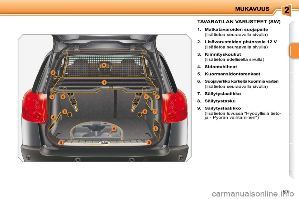 PEUGEOT 207 2009  Omistajan Käsikirja (in Finnish) 67
             TAVARATILAN VARUSTEET (SW) 
   
1.     Matkatavaroiden suojapeite     
   (lisätietoa seuraavalla sivulla)  
  
2.     Lisävarusteiden pistorasia 12 V     
  (lisätietoa seuraavalla