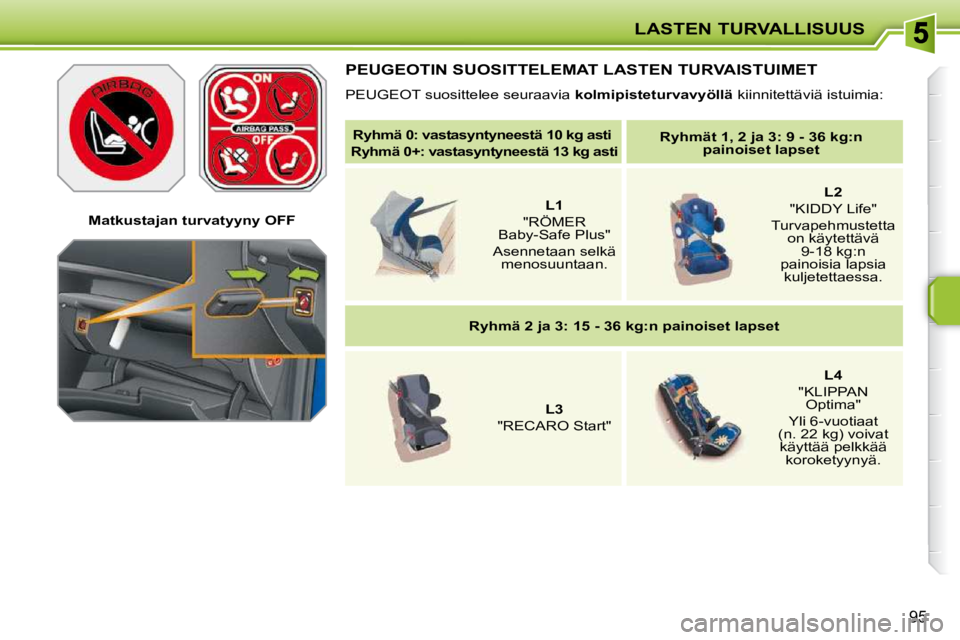 PEUGEOT 207 2009  Omistajan Käsikirja (in Finnish) LASTEN TURVALLISUUS
95
   Matkustajan turvatyyny OFF   
 PEUGEOTIN SUOSITTELEMAT LASTEN TURVAISTUIMET 
 PEUGEOT suosittelee seuraavia  kolmipisteturvavyöllä  kiinnitettäviä istuimia: 
   
Ryhmä 0