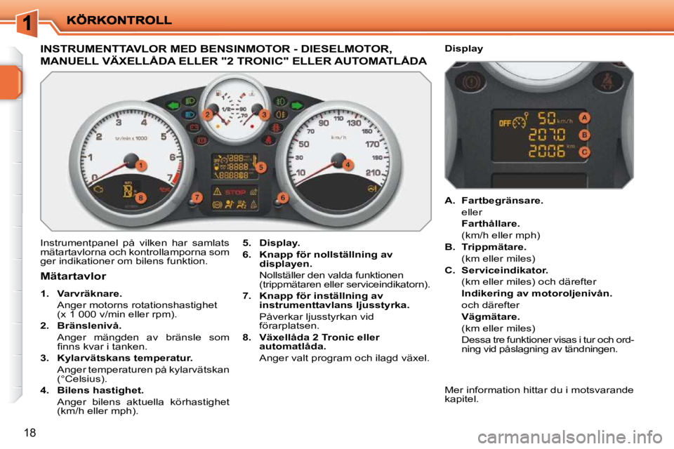 PEUGEOT 207 2009 Bruksanvisningar (in Swedish) 18
INSTRUMENTTAVLOR MED BENSINMOTOR - DIESELMOTOR,
MANUELL VÄXELLÅDA ELLER "2 TRONIC" ELLER AUTOMATLÅDA
Instrumentpanel på vilken har samlats
mätartavlorna och kontrollamporna som
ger i PEUGEOT 207 2009 Bruksanvisningar (in Swedish) 18
INSTRUMENTTAVLOR MED BENSINMOTOR - DIESELMOTOR,
MANUELL VÄXELLÅDA ELLER "2 TRONIC" ELLER AUTOMATLÅDA
Instrumentpanel på vilken har samlats
mätartavlorna och kontrollamporna som
ger i