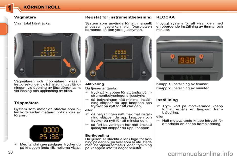 PEUGEOT 207 2009  Bruksanvisningar (in Swedish) 30
             Vägmätare  
 Visar total körsträcka.   Reostat för instrumentbelysning 
 System  som  används  för  att  manuellt anpassa  ljusstyrkan  vid  förarplatsen beroende på den yttre