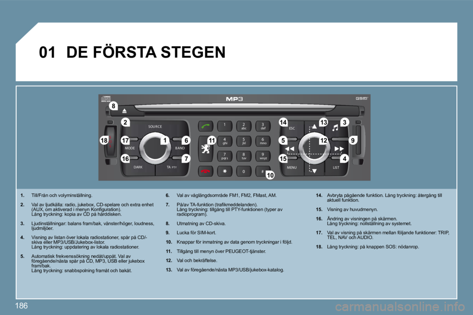 PEUGEOT 207 2009  Bruksanvisningar (in Swedish) 186
S
O S
SOU R CE
MODE B AND ESC
2
abc
5
jkl
8
tuv 3
def
6
mno
9
wxyz
1 4
ghi
7
pqr s
0 # MENU LIST
TA 
P T Y
DARK
�2
�8
�1�6
�1�8 �1�7
�711 �1�4 �3
�5 �9 �4
�1�5 �1�2
�1�3
�61
10
01
 DE FÖRSTA STEG