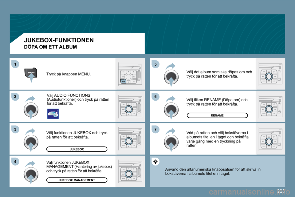 PEUGEOT 207 2009  Bruksanvisningar (in Swedish) �2�0�5
�6�6
�7�7
�5�5
�2�2
�3�3
�4�4
11
JUKEBOX
RENAME
JUKEBOX MANAGEMENT
� �T�r�y�c�k� �p�å� �k�n�a�p�p�e�n� �M�E�N�U�.� 
� �V�ä�l�j� �A�U�D�I�O� �F�U�N�C�T�I�O�N�S� �(�A�u�d�i�o�f�u�n�k�t�i�o�n�e�