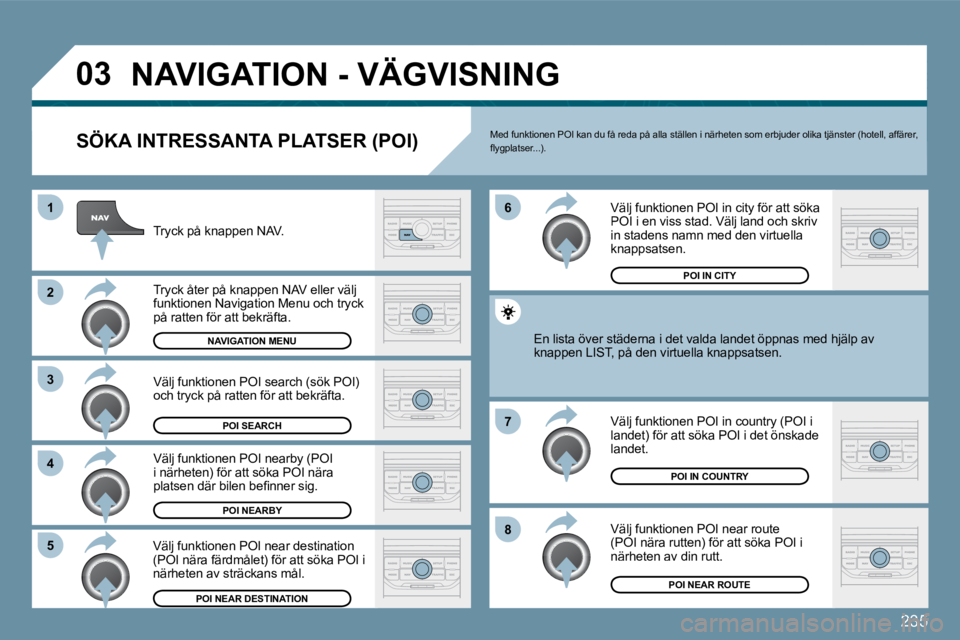 PEUGEOT 207 2009  Bruksanvisningar (in Swedish) �2�3�5
�0�3
�8
�6 
�7
�4
�3
�5
�2
1
� �N�A�V�I�G�A�T�I�O�N� �-� �V�Ä�G�V�I�S�N�I�N�G� 
  SÖKA INTRESSANTA PLATSER (POI) 
� �T�r�y�c�k� �p�å� �k�n�a�p�p�e�n� �N�A�V�.� 
� �T�r�y�c�k� �å�t�e�r� �p�