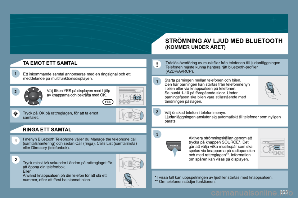 PEUGEOT 207 2009  Bruksanvisningar (in Swedish) �2�6�3
11
�2�2
11
11
�2�2
�3�3
�2�2
�Y�E�S
  TA EMOT ETT SAMTAL 
 Ett inkommande samtal annonseras med en ringsignal och ett meddelande på multifunktionsdisplayen. � �S�t�a�r�t�a� �p�a�r�n�i�n�g�e�n�