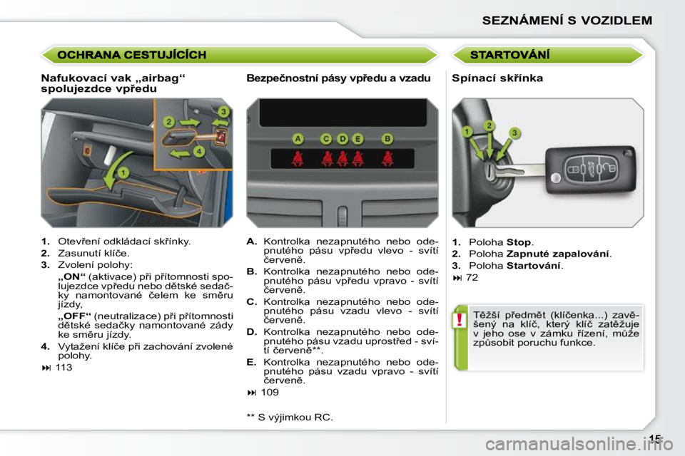 PEUGEOT 207 2009  Návod na použití (in Czech) !
SEZNÁMENÍ S VOZIDLEM
� � �N�a�f�u�k�o�v�a�c�í� �v�a�k� �„�a�i�r�b�a�g�“�  
�s�p�o�l�u�j�e�z�d�c�e� �v�p9�e�d�u� 
   
1. � �  �O�t�e�v9�e�n�í� �o�d�k�l�á�d�a�c�í� �s�k9�í�n�k�y�.� 
  
2