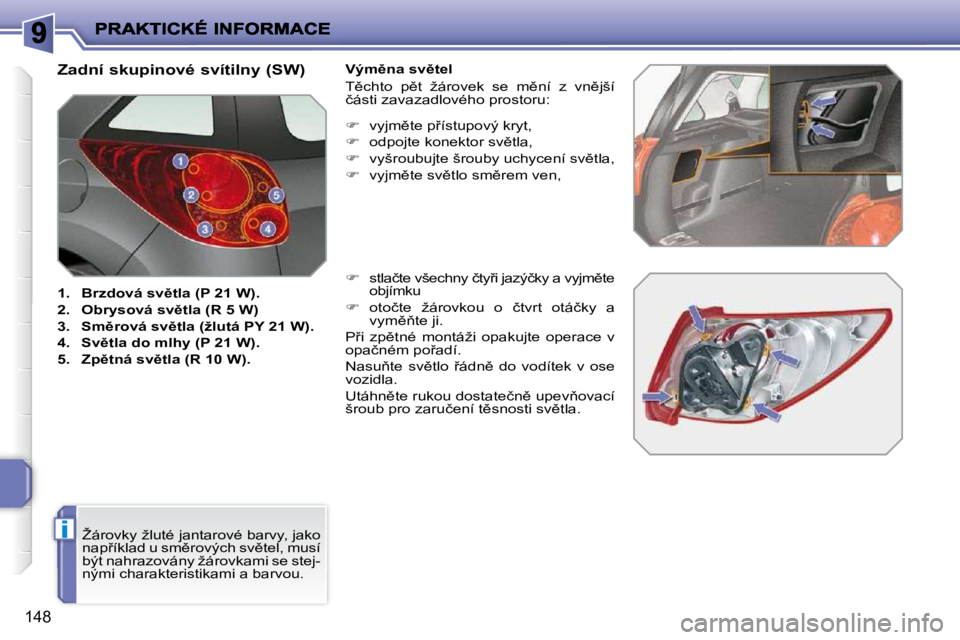 PEUGEOT 207 2009  Návod na použití (in Czech) i
148
� � � � � � � � � � � � � � � � � � � � � � �Z�a�d�n�í� �s�k�u�p�i�n�o�v�é� �s�v�í�t�i�l�n�y� �(�S�W�)�  
   
1.     �B�r�z�d�o�v�á� �s�v)�t�l�a� �(�P� �2�1� �W�)�.   
  
2.     �O�b�r�y�s�