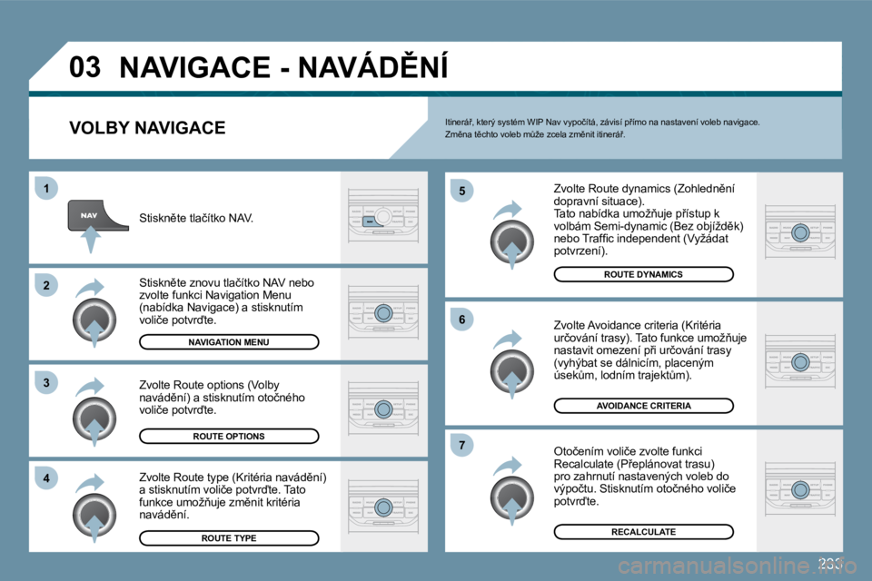 PEUGEOT 207 2009  Návod na použití (in Czech) �2�3�3
�0�3
�4
�3
�2
�1
�7
�6
�5
� �N�A�V�I�G�A�C�E� �-� �N�A�V�Á�D(�N�Í� 
� � �V�O�L�B�Y� �N�A�V�I�G�A�C�E� 
� �Z�v�o�l�t�e� �R�o�u�t�e� �d�y�n�a�m�i�c�s� �(�Z�o�h�l�e�d�n)�n�í� �d�o�p�r�a�v�n�