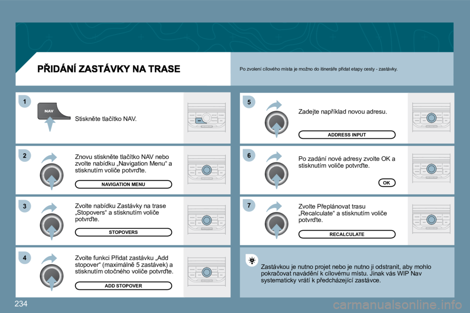 PEUGEOT 207 2009  Návod na použití (in Czech) �2�3�4
�7
�6
�5
�4
�3
�2
�1
� �Z�a�d�e�j�t�e� �n�a�p9�í�k�l�a�d� �n�o�v�o�u� �a�d�r�e�s�u�.� 
� �P�o� �z�a�d�á�n�í� �n�o�v�é� �a�d�r�e�s�y� �z�v�o�l�t�e� �O�K� �a� �s�t�i�s�k�n�u�t�í�m� �v�o�l�i