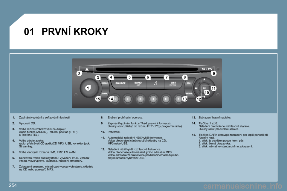 PEUGEOT 207 2009  Návod na použití (in Czech) �2�5�4
�1
�2�2
�1�0�1�0�1�1�1�1
�1�3�1�3�1�4�1�4�1�5�1�5
�3�3�4�4�5�5�6�6�7�7�8�8�9�9
�1�2�1�2
�0�1�P�R�V�N�Í� �K�R�O�K�Y� 
� � � �1�.� �  �Z�a�p�í�n�á�n�í�/�v�y�p�í�n�á�n�í� �a� �s�e9�i�z�o�v