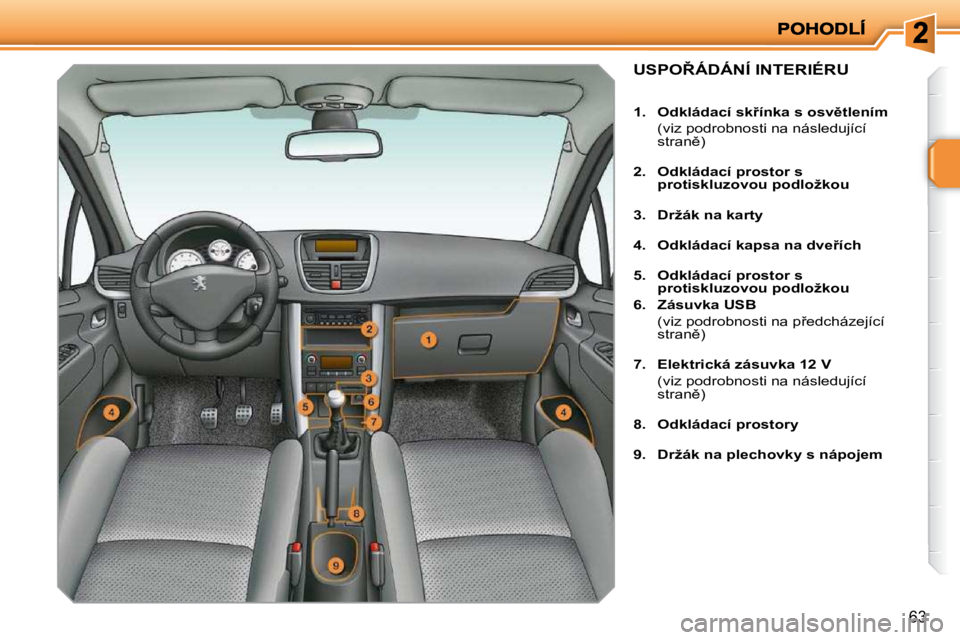 PEUGEOT 207 2009  Návod na použití (in Czech) �6�3
�U�S�P�O8�Á�D�Á�N�Í� �I�N�T�E�R�I�É�R�U� 
   
1.     �O�d�k�l�á�d�a�c�í� �s�k9�í�n�k�a� �s� �o�s�v)�t�l�e�n�í�m     
�  �(�v�i�z� �p�o�d�r�o�b�n�o�s�t�i� �n�a� �n�á�s�l�e�d�u�j�í�c�