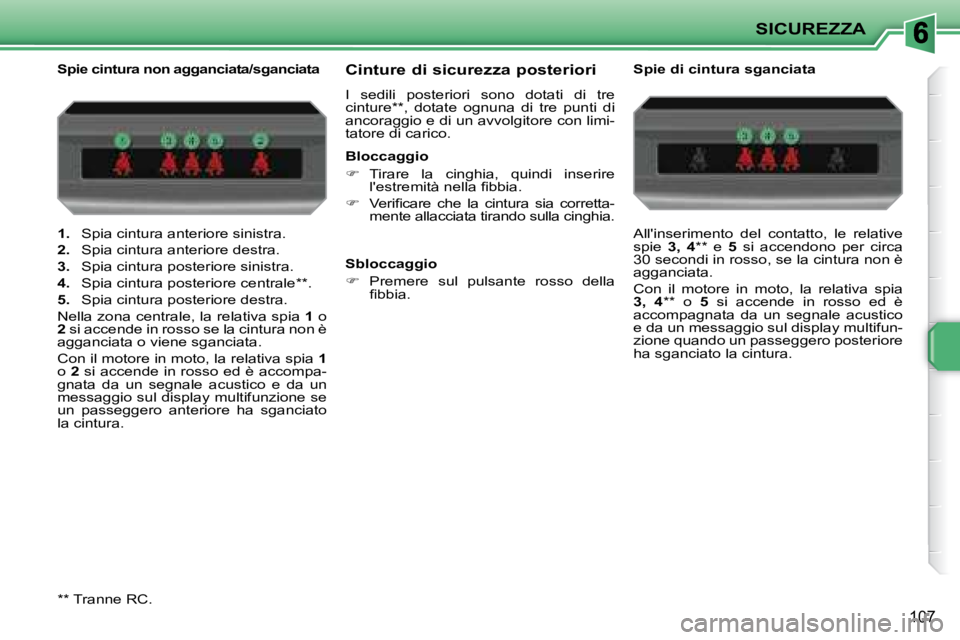 PEUGEOT 207 2008.5  Manuale duso (in Italian) SICUREZZA
107
   
1.    Spia cintura anteriore sinistra. 
  
2.    Spia cintura anteriore destra. 
  
3.    Spia cintura posteriore sinistra. 
  
4.    Spia cintura posteriore centrale ** . 
  
5.    