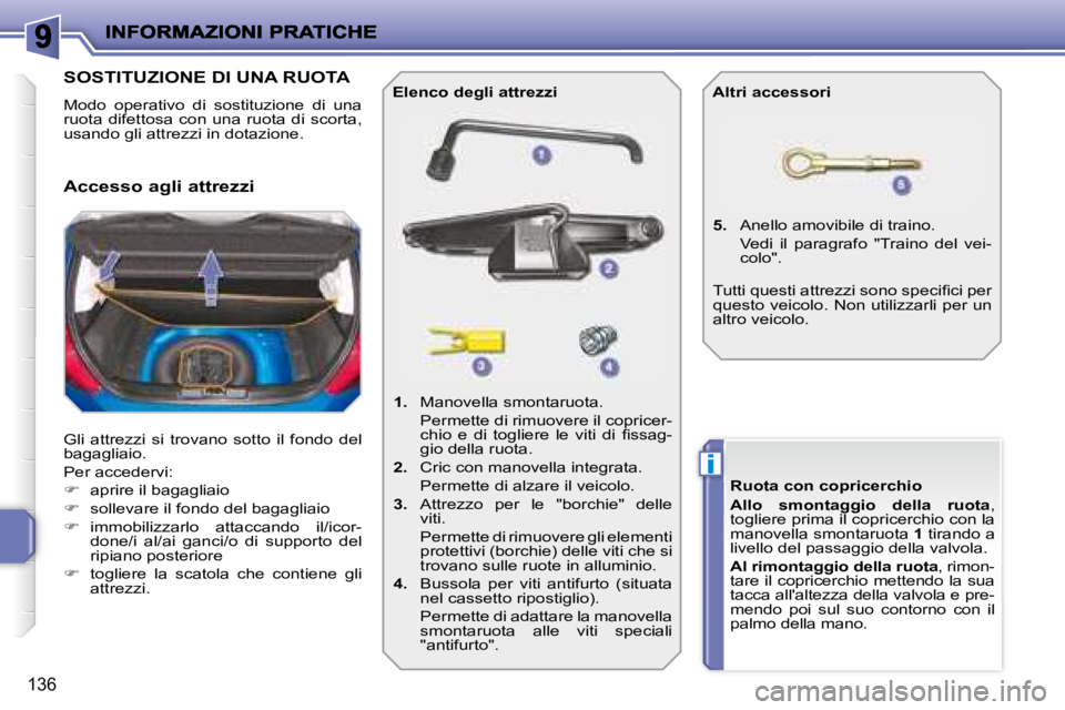 PEUGEOT 207 2008.5  Manuale duso (in Italian) i
136
SOSTITUZIONE DI UNA RUOTA 
 Modo  operativo  di  sostituzione  di  una  
ruota  difettosa  con  una  ruota  di  scorta, 
usando gli attrezzi in dotazione.  
 Gli  attrezzi  si  trovano  sotto  i