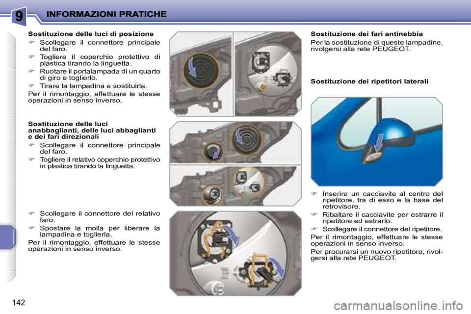 PEUGEOT 207 2008.5  Manuale duso (in Italian) 142
  Sostituzione delle luci di posizione 
�   Scollegare  il  connettore  principale del faro. 
�   Togliere  il  coperchio  protettivo  di plastica tirando la linguetta. 
�   Ruotare il po