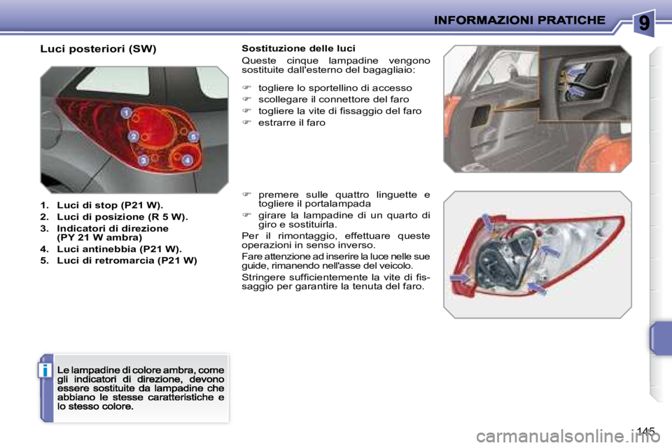 PEUGEOT 207 2008.5  Manuale duso (in Italian) i
145
  Luci posteriori (SW) 
1.    Luci di stop (P21 W).
2.    Luci di posizione (R 5 W).
3.    Indicatori di direzione(PY 21 W ambra)
4.    Luci antinebbia (P21 W).
5.    Luci di retromarcia (P21 W)