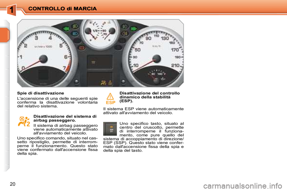 PEUGEOT 207 2008.5  Manuale duso (in Italian) 20
Spie di disattivazione 
 Laccensione di una delle seguenti spie  
conferma  la  disattivazione  volontaria 
del relativo sistema.    Disattivazione del sistema di 
airbag passeggero.  
 Il sistema