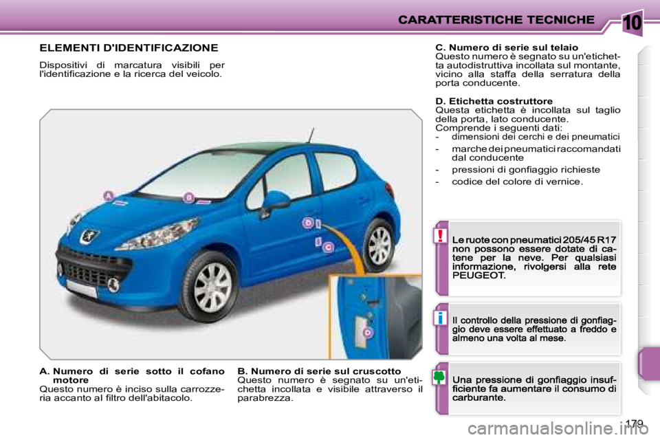 PEUGEOT 207 2008.5  Manuale duso (in Italian) 10
!
i
179
                  ELEMENTI DIDENTIFICAZIONE 
 Dispositivi  di  marcatura  visibili  per �l�'�i�d�e�n�t�i�ﬁ� �c�a�z�i�o�n�e� �e� �l�a� �r�i�c�e�r�c�a� �d�e�l� �v�e�i�c�o�l�o�.� 
A.  N
