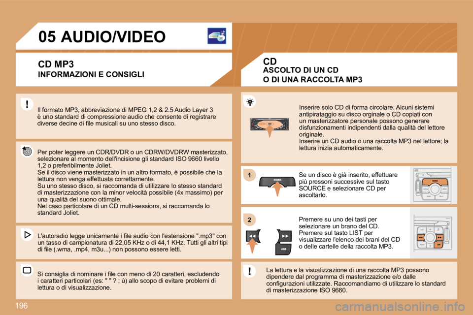 PEUGEOT 207 2008.5  Manuale duso (in Italian) 196
11
22
05            AUDIO/VIDEO 
  INFORMAZIONI E CONSIGLI 
� �I�l� �f�o�r�m�a�t�o� �M�P�3�,� �a�b�b�r�e�v�i�a�z�i�o�n�e� �d�i� �M�P�E�G� �1�,�2� �&� �2�.�5� �A�u�d�i�o� �L�a�y�e�r� �3� 
�è� �u�n