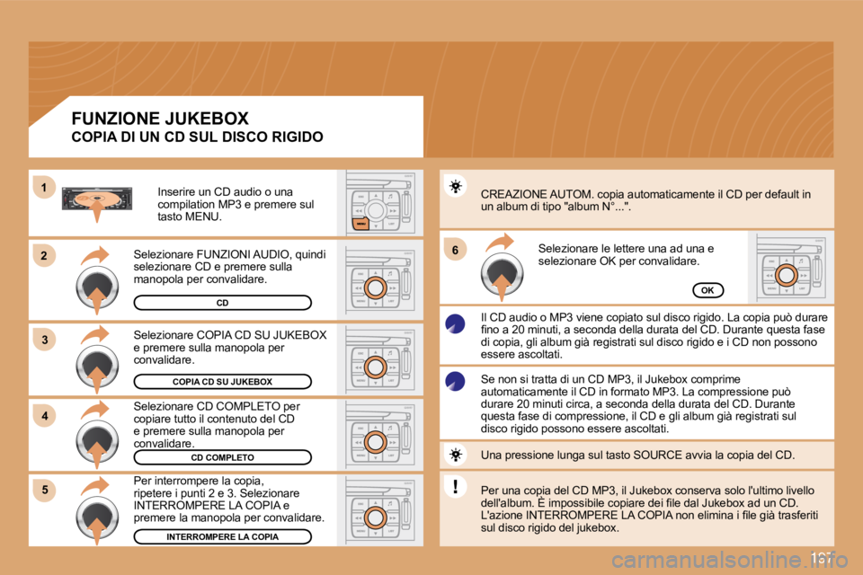 PEUGEOT 207 2008.5  Manuale duso (in Italian) 197
22
33
11
55
66
44
COPIA CD SU JUKEBOX
CD COMPLETO
INTERROMPERE LA COPIA
OK
� �S�e�l�e�z�i�o�n�a�r�e� �C�O�P�I�A� �C�D� �S�U� �J�U�K�E�B�O�X�  
�e� �p�r�e�m�e�r�e� �s�u�l�l�a� �m�a�n�o�p�o�l�a� �p�
