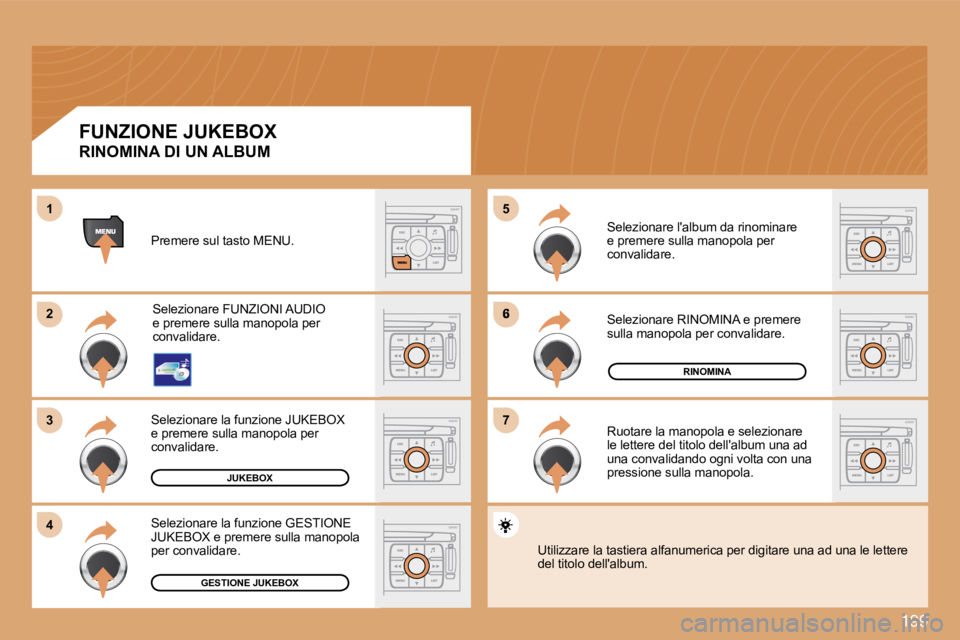 PEUGEOT 207 2008.5  Manuale duso (in Italian) 199
6
77
55
22
33
44
11
JUKEBOX
RINOMINA
GESTIONE JUKEBOX
� �P�r�e�m�e�r�e� �s�u�l� �t�a�s�t�o� �M�E�N�U�.� 
� �S�e�l�e�z�i�o�n�a�r�e� �F�U�N�Z�I�O�N�I� �A�U�D�I�O�  
�e� �p�r�e�m�e�r�e� �s�u�l�l�a� �
