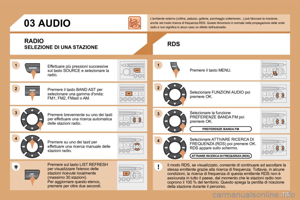 PEUGEOT 207 2008.5  Manuale duso (in Italian) �2�1�9
22
33
44
11
22
44
33
11
03      AUDIO � �E�f�f�e�t�t�u�a�r�e� �p�i�ù� �p�r�e�s�s�i�o�n�i� �s�u�c�c�e�s�s�i�v�e�  
�s�u�l� �t�a�s�t�o� �S�O�U�R�C�E� �e� �s�e�l�e�z�i�o�n�a�r�e� �l�a� 
�r�a�d�i�
