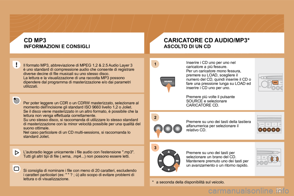 PEUGEOT 207 2008.5  Manuale duso (in Italian) �2�2�1
11
22
33
� �I�l� �f�o�r�m�a�t�o� �M�P�3�,� �a�b�b�r�e�v�i�a�z�i�o�n�e� �d�i� �M�P�E�G� �1�,�2� �&� �2�.�5� �A�u�d�i�o� �L�a�y�e�r� �3� 
�è� �u�n�o� �s�t�a�n�d�a�r�d� �d�i� �c�o�m�p�r�e�s�s�i�o