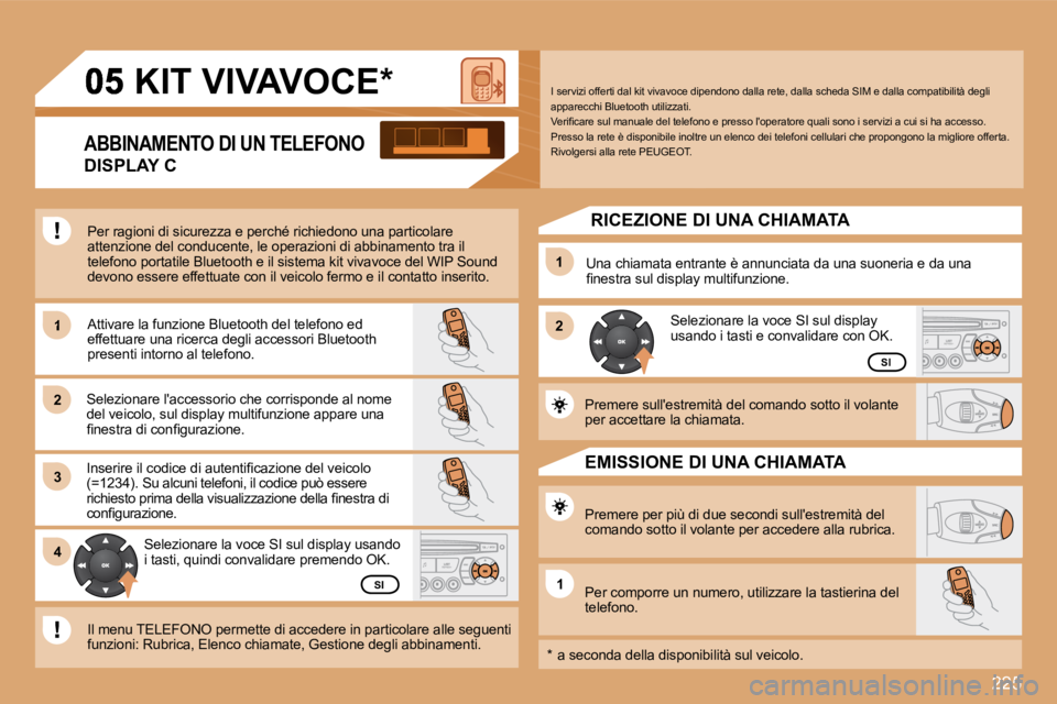 PEUGEOT 207 2008.5  Manuale duso (in Italian) �2�2�5
1
22
33
11
22
44
11
KIT VIVAVOCE *  
� �P�e�r� �r�a�g�i�o�n�i� �d�i� �s�i�c�u�r�e�z�z�a� �e� �p�e�r�c�h�é� �r�i�c�h�i�e�d�o�n�o� �u�n�a� �p�a�r�t�i�c�o�l�a�r�e� �a�t�t�e�n�z�i�o�n�e� �d�e�l� �