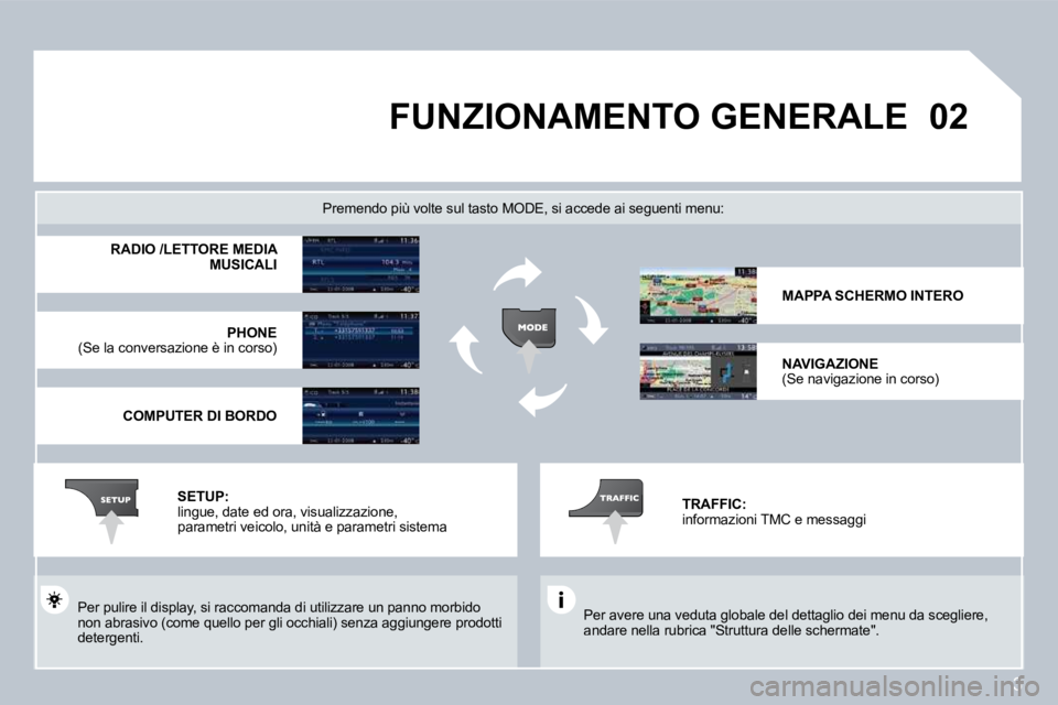 PEUGEOT 207 2008.5  Manuale duso (in Italian) 3
�0�2 FUNZIONAMENTO GENERALE 
 Per avere una veduta globale del dettaglio dei menu da scegliere, andare nella rubrica "Struttura delle schermate".  
  Premendo più volte sul tasto MODE, si accede ai